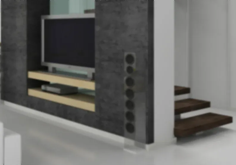 Living room interior with media wall and floating staircase